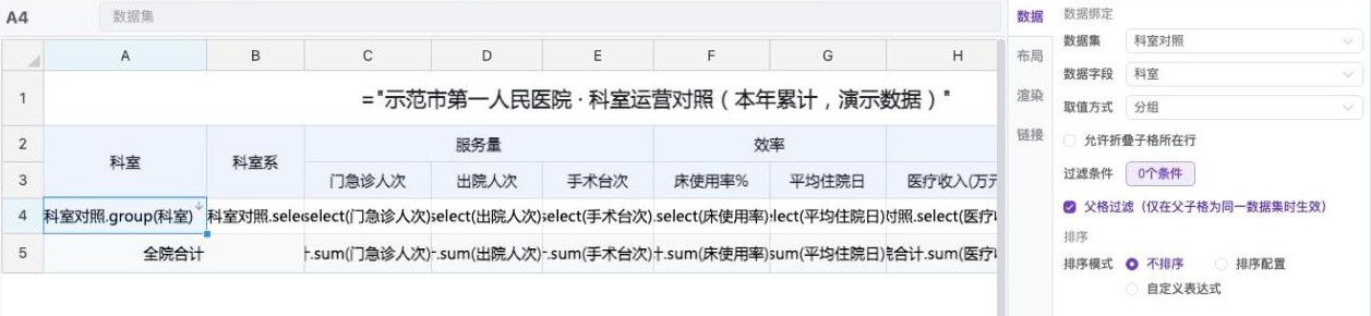 单元格属性「数据」页签：数据集、数据字段、取值方式