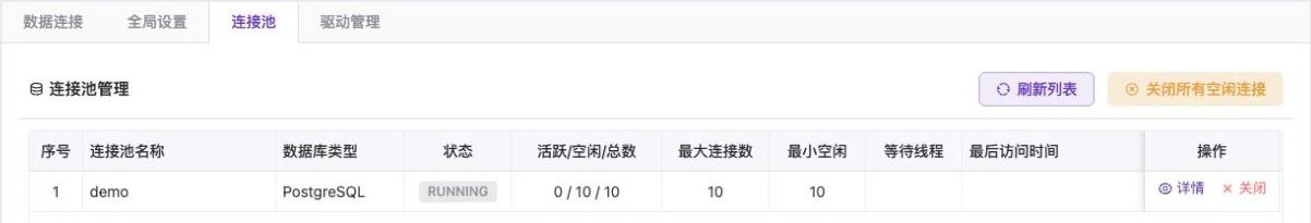 系统 > 数据连接 > 「连接池」页签:连接池列表与活跃/空闲连接数