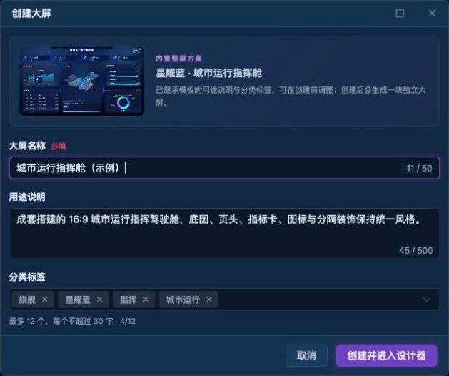 「创建大屏」对话框:填写大屏名称、用途说明与分类标签
